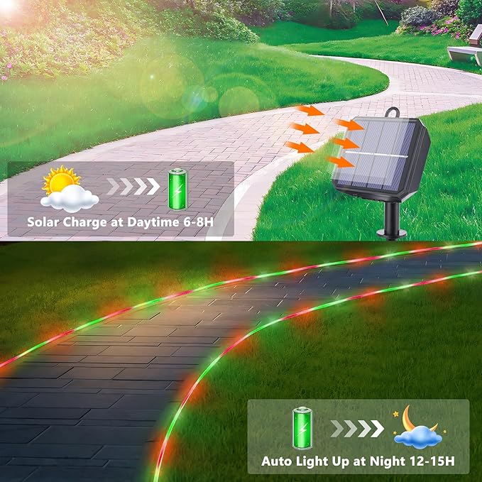 Solar Rope Lights, 66ft 200LED Solar String Lights, 8 Modes Waterproof Solar Powered Outdoor Light, Flexible Clear Tube Light for Garden Backyard Patio Deck Porch Pool Tree Christmas Decor - Red&Green