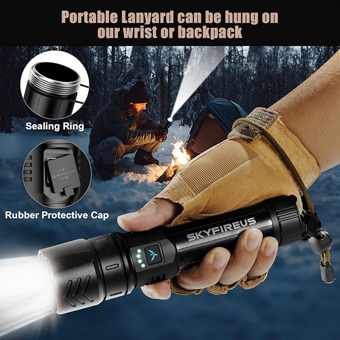 SKYFIRE Rechargeable Flashlights High Lumens with Ignition Lens,5000mAh Super Bright Flashlight Waterproof Powerful LED Tactical Flash Light for Camping Essentials Outdoor Home&Gifts