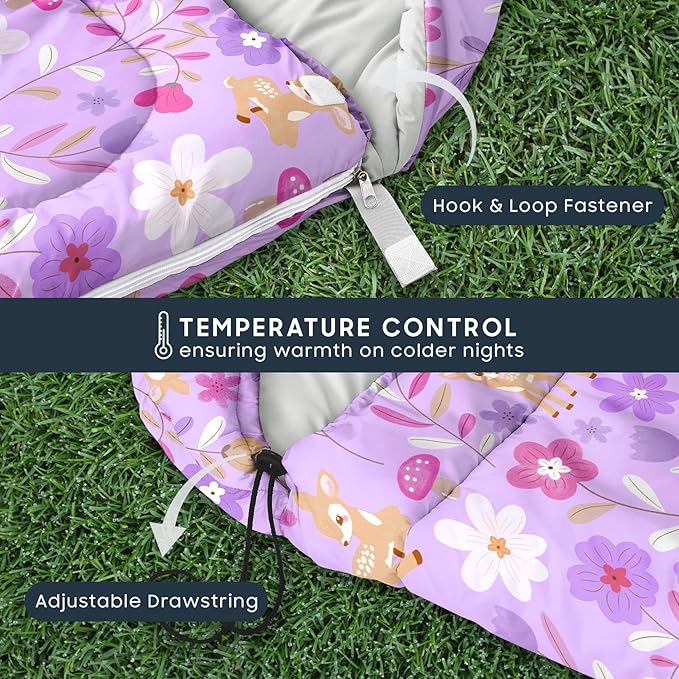 Wake In Cloud - Kids Sleeping Bag for Girls Toddlers, Camping in Warm Cold Weather, Backpacking Lightweight Compact Outdoor Liner for 3 Seasons, Deer Floral Garden