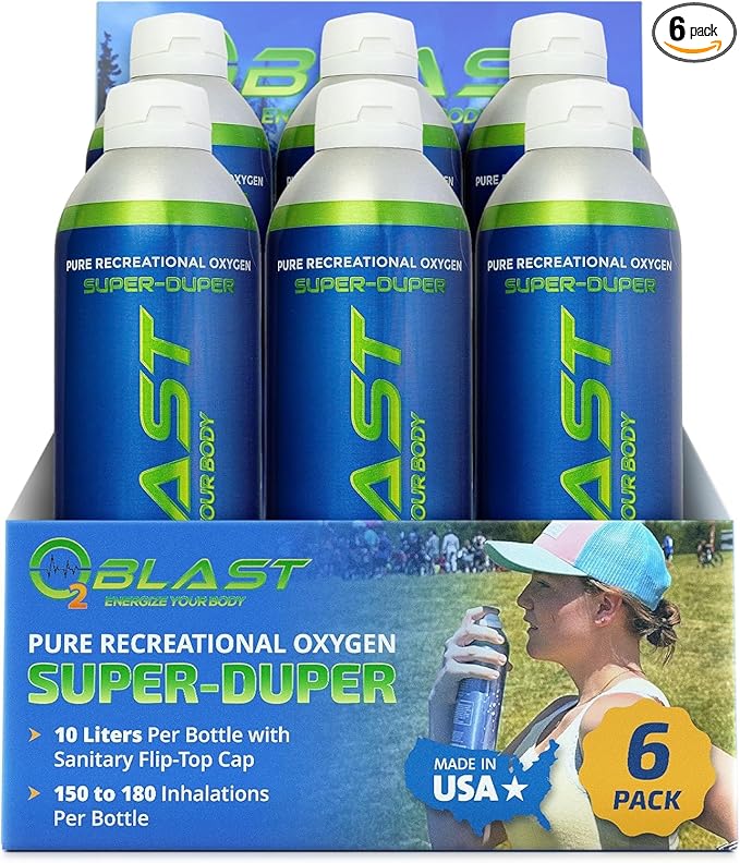 O2 Blast - Portable Oxygen Can, Filled with 99.99% Pure Oxygen in a Can with Breathing Mask for Sports, Travel, and High Altitude Use | On-The-Go Air Support for Hiking and Outdoors – 10L, 6-Pack