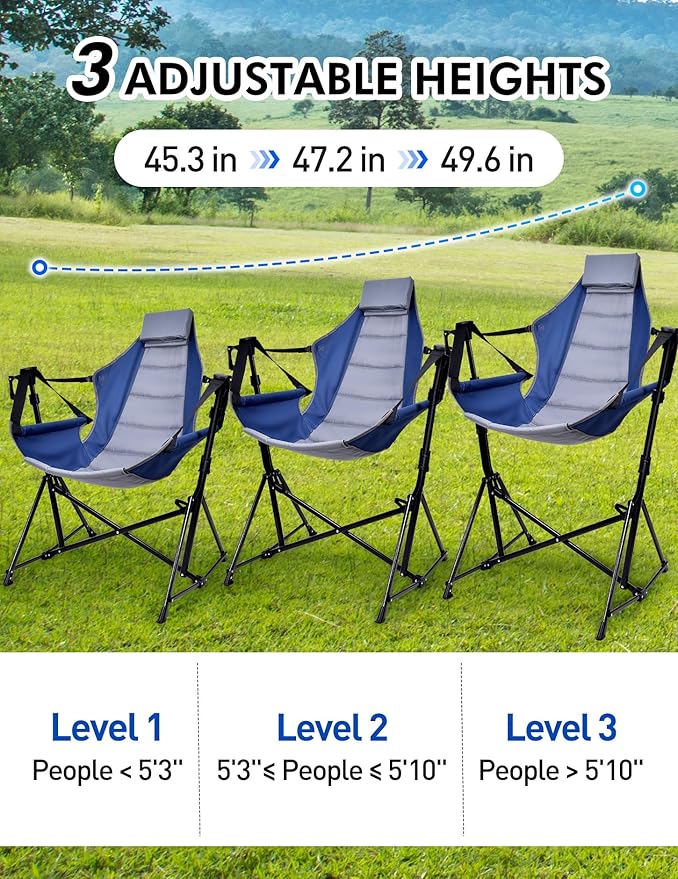 Docusvect Hammock Camping Chair - 3 Heights Portable Hammock Chair Camping with Adjustable Backrest, Headrest, Padded Seat, Cup Holder - 450 LBS Heavy Duty