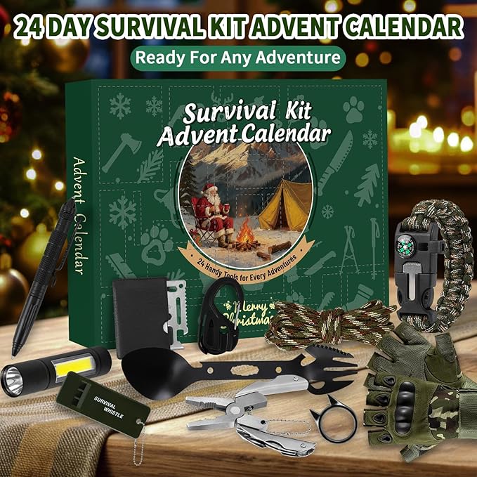 Natonhi Survival Kit Advent Calendar 2025 for Adult Men, 24 Days of Christmas Outdoor Gear & Emergency Tools for Adventure, Camping, Hiking-Christmas Countdown Gift for Adult Teen Adventure Lover