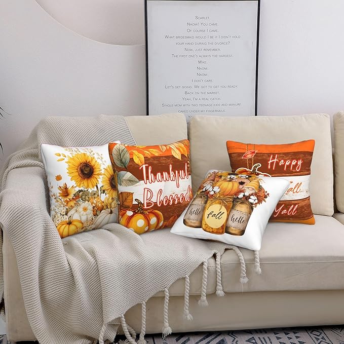 Fall Pumpkin Throw Pillow Covers 18 X 18 Inch Set of 4 Decorative Cushion Cover Home Decor for Sofa Chair Couch Bedroom Living Room