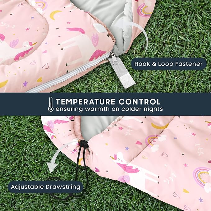Wake In Cloud - Kids Sleeping Bag for Girls Toddlers, Camping in Warm Cold Weather, Backpacking Lightweight Compact Outdoor Liner for 3 Seasons, Celestial Unicorns