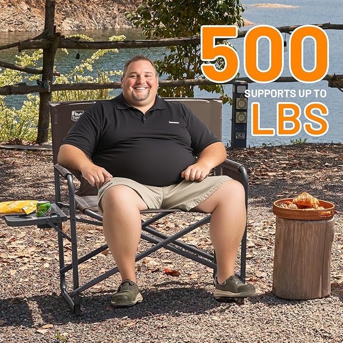 TIMBER RIDGE XXL Director’s Chair – Heavy Duty Folding Chair with Side Table, 500 lb Capacity, Extra Wide Padded Seat for Camping, Sports, Beach, Patio, and Outdoor Use, Tan-2 Pack