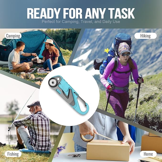TACRAY Vinto 5-in-1 Small Pocket Knife – Ultra-Light Compact Multitool with Utility Knife, Seatbelt Cutter, Bottle Opener, Flathead Screwdriver & Keyring Attachment for Everyday Carry (Blue)