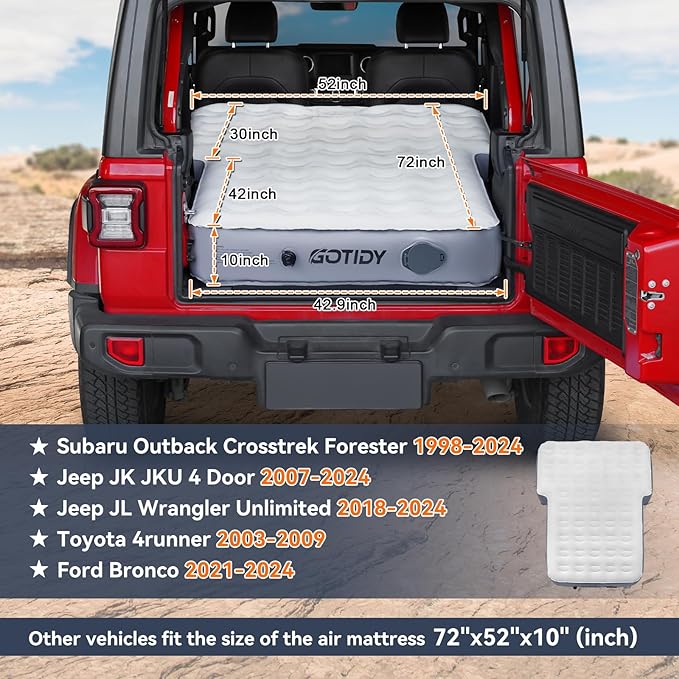 Jeep Mattress with Wireless Air Pump, 10inch SUV Air Mattress Camping Bed for Jeep Wrangler JK JKU JL JLU Unlimited 4 Door Ford Bronco Subaru Forester