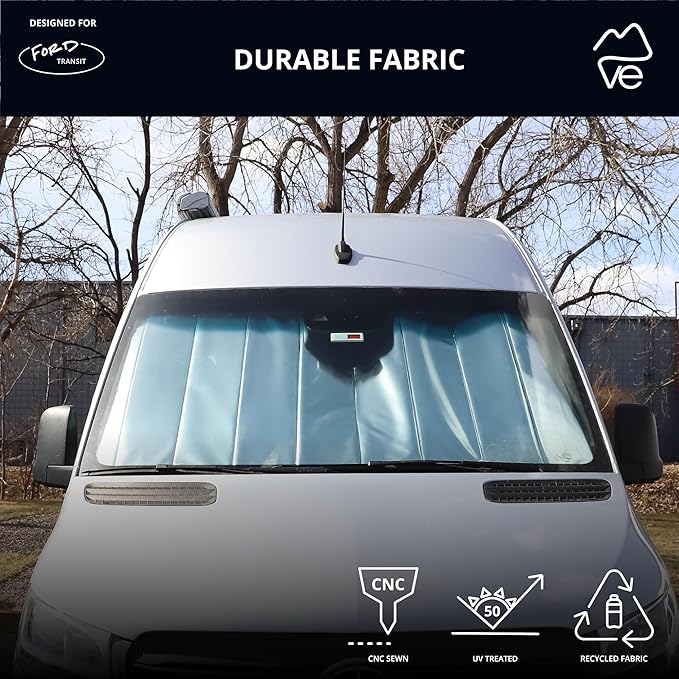 VanEssential Insulated Reflective Blackout Window Cover Designed for Ford Transit High/Medium Roof Front Windshield - Black Reflective