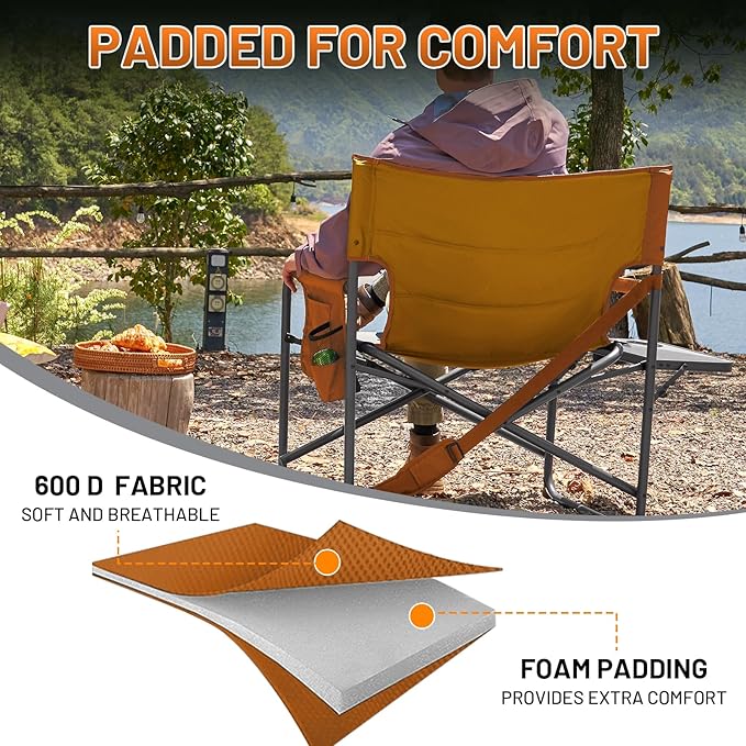 Timber Ridge XXL Director’s Chair – Heavy Duty Folding Camping Chair for Adults, 500lb Capacity, Extra Wide Padded Seat for Camping, Sports, Lawn, Courtyard, and Outdoor Use, Orange
