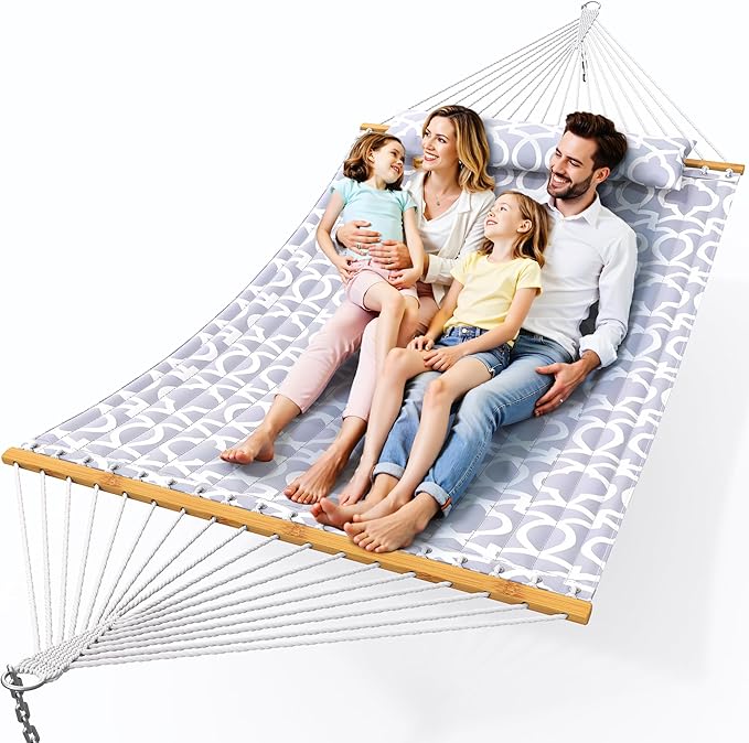 Everyfun Double Hammock with Spreader Bar,Soft Pillow,Max Load 500lbs,Portable Hammock for Outdoor,Camping,and Backyard,White Gray