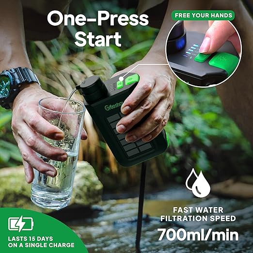 Greeshow Portable Electric Water Filter for Camping & Survival - 0.01 Micron Water Purification System with Solar, Hand Crank, USB-C Charge - Power Bank & LED Light for Backpacking Gear, Emergency Kit