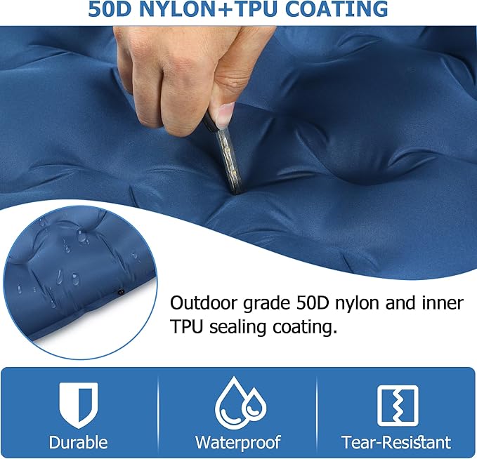 Toncoke 5.1" Thick Double Sleeping Pad with Foot Pump & Pillow, 77.5x53.9 2-Person Air Mattress for Camping, Ultralight & Compact for Backpacking, Hiking, Car Travel Navy Blue