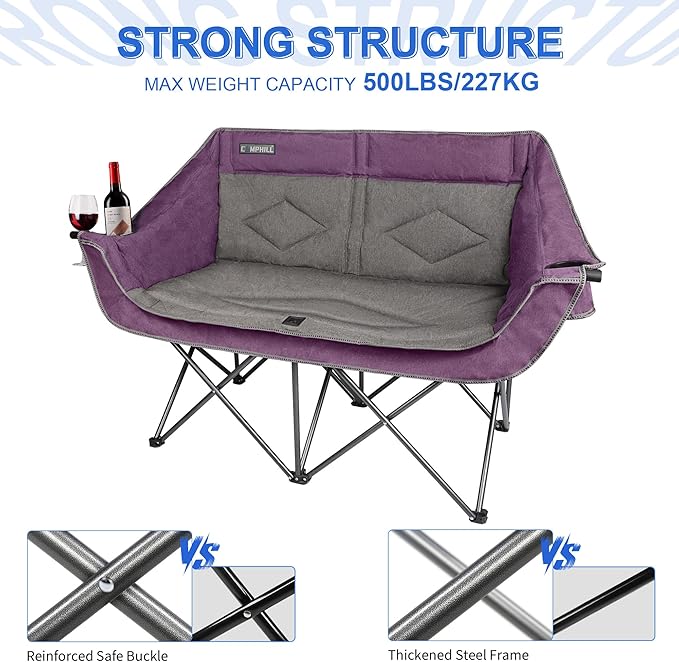 Oversized Double Camping Chair-Heavy Duty 2 Person Folding Loveseat Camp Couch for Adults,Portable Outdoor Lawn Chairs with Padded Seat for Fishing,Sports and Patio,Supports 500 LBS,Purple