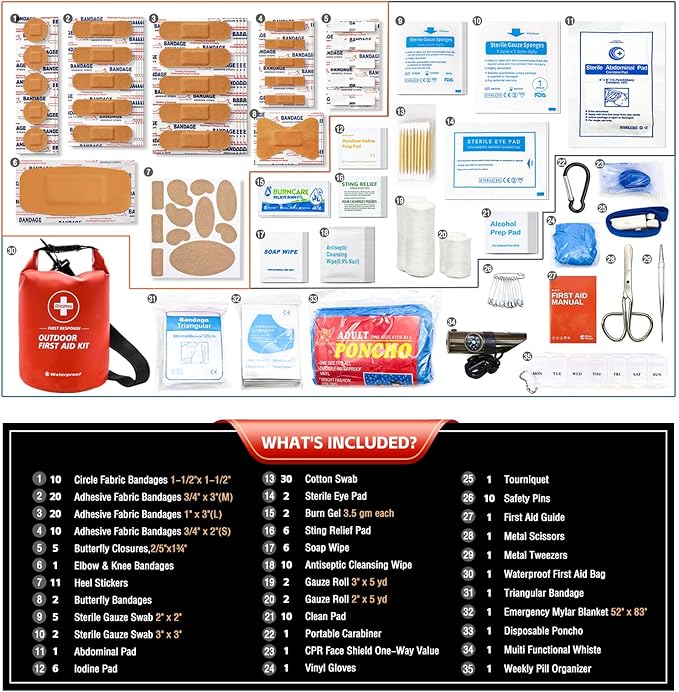 Waterproof First Aid Kit 186 Pcs Survival Gear, Portable Small Boat Dry Bag Bug Out Bags, Emergencies Medical Kit Ideal for Boating, Fishing, Hiking, Camping, Kayaking (Red)