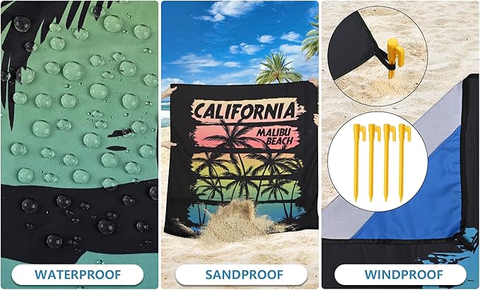 Beach Blanket Waterproof Sandproof Beach Mat 79”x 83” for 1-8 Adults Quick Drying Durable Outdoor Picnic Mat for Beach Festival Travel Camping Hiking (Rainbow Cocotree-California, 79"×83"(4 Person))