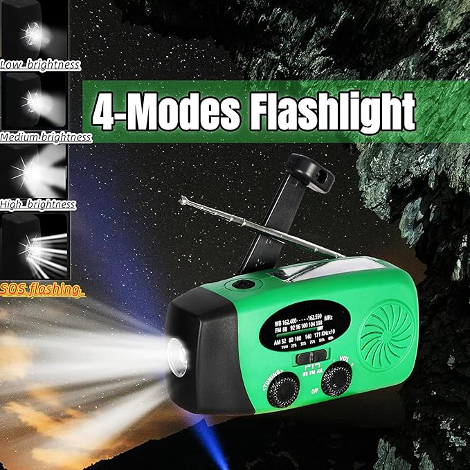 5000mAh Hand Crank Emergency Weather Radio, AM FM NOAA Solar Radio with Led Flashlight and Earphone Jack, Charger for Smartphone, USB-C Cable/Self Powered with SOS Alarm (Green)