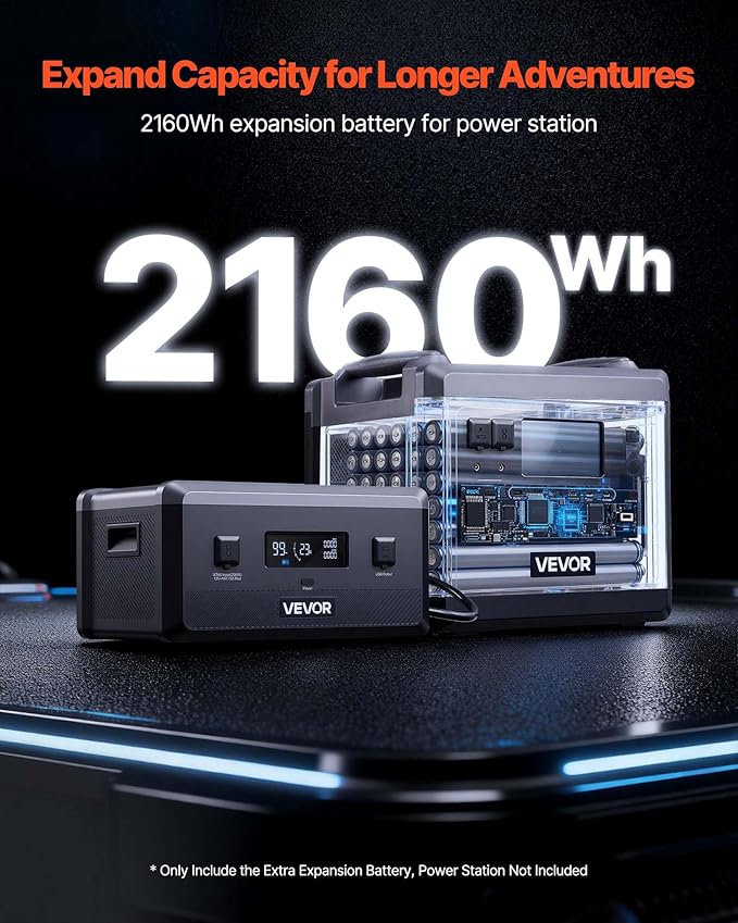 VEVOR Extra Battery for Portable Power Station, 2160Wh LiFePO4 Extra Expansion Battery with 3 Output Ports for Home Use, Outdoor Camping, Road Trips, RVs, Emergencies