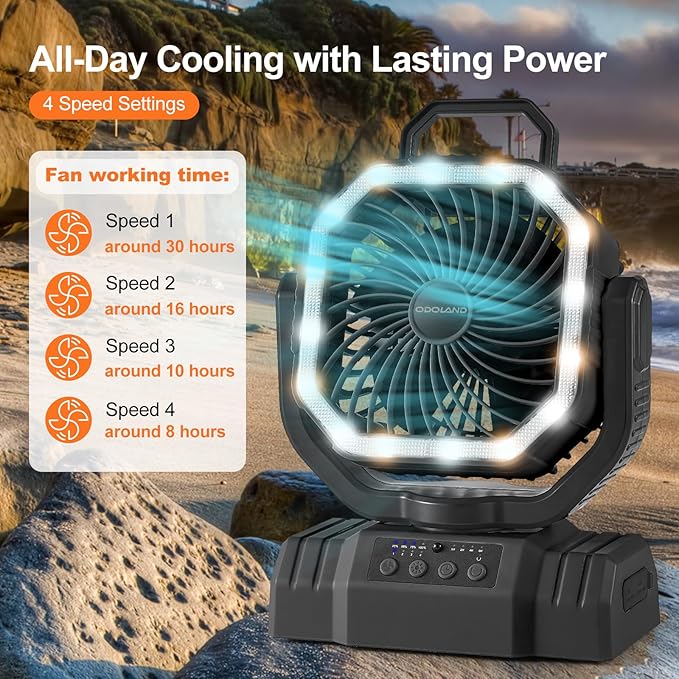 Odoland Portable Camping Fan with LED Lantern, 20000mAh Rechargeable Battery Powered Fan with Auto Oscillation, Timer, Remote, 360° Rotation Hook, 4 Speeds for Power Outage Travel Home,Black