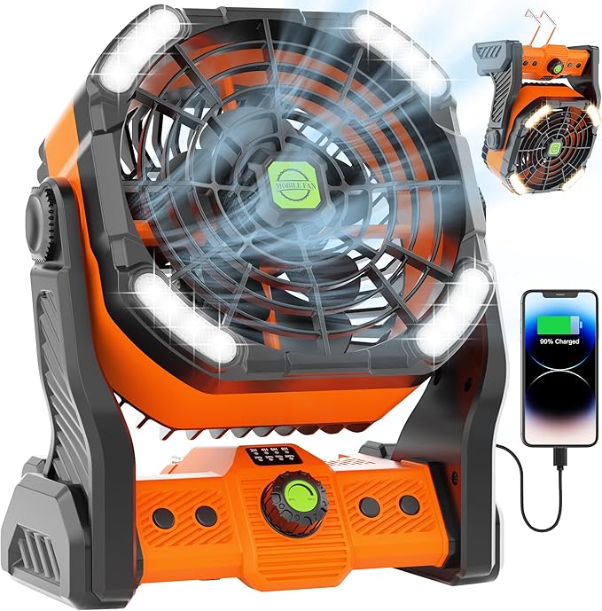Camping Fan with LED Lantern, Portable Battery Powered Fan Rechargeable for Outdoor Camping Fans, 270°Head Rotation, Quiet USB Table Fan Battery Operated for Tent Beach Picnic Orange X26
