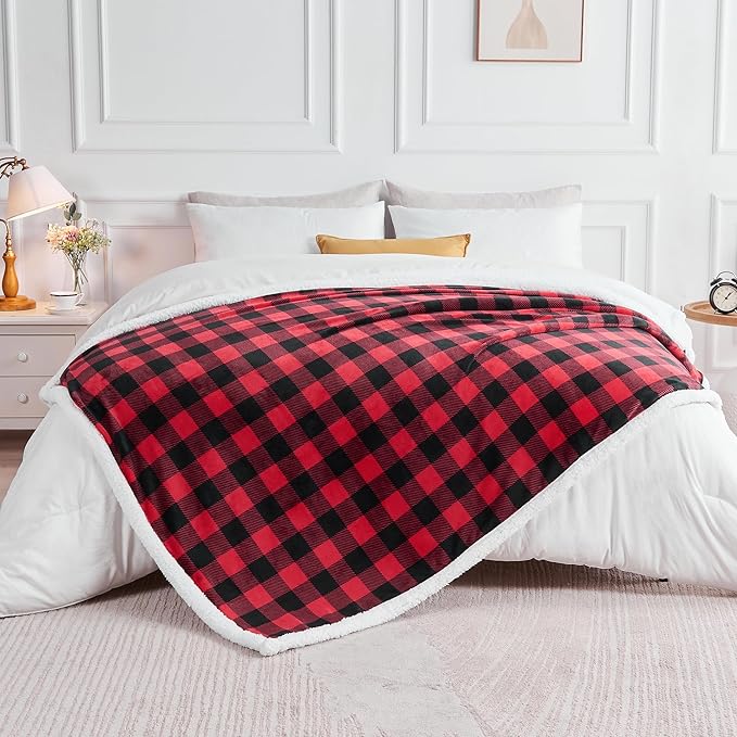 BEDELITE Sherpa Fleece Blanket - Black and Red Buffalo Plaid Christmas Blanket, Super Soft Cozy Warm Thick Winter Throw Blankets for Couch and Bed, 50" x 60"