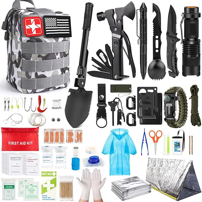 Survival Kit, 294 Pcs Survival Gear First Aid Kit with Molle System Compatible Bag and Emergency Tent, Emergency Kit for Earthquake, Outdoor Adventure, Hiking, Hunting, Gifts for Men Women