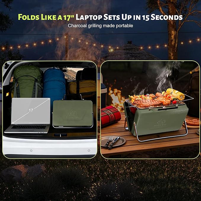 Ranger Plus Portable Charcoal Grill – Folding BBQ with Large Grilling Grate for Camping, Tailgating & Backyard | Serves 4–5, Full‑Grate Cooking Coverage, 304 Stainless Steel, 3‑Second Setup