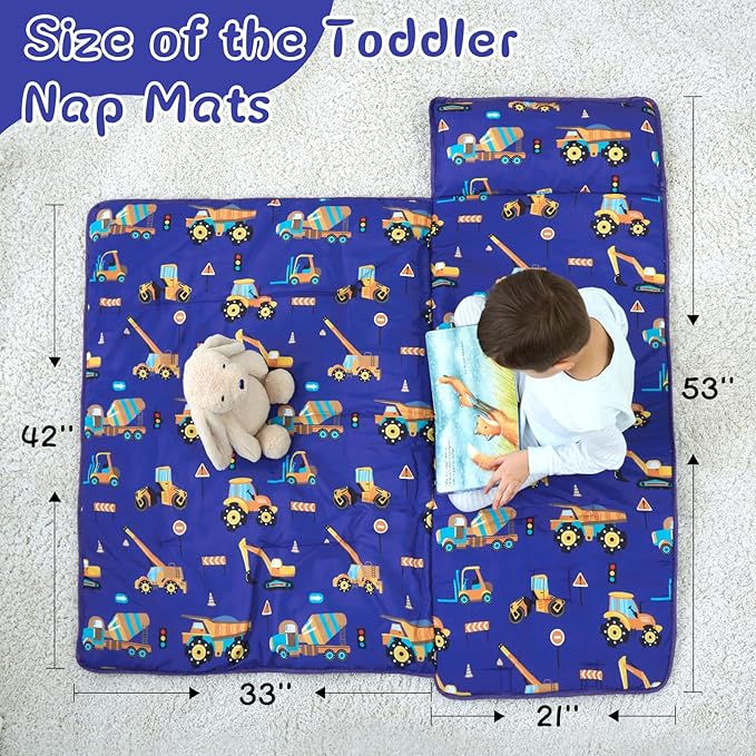 UOMNY Toddler Nap Mat Boys Kids Nap Mats with Removable Pillow and Blanket Engineering Vehicle Toddler Sleeping Bag for Preschool Daycare Blue Excavator 53x21 Inch