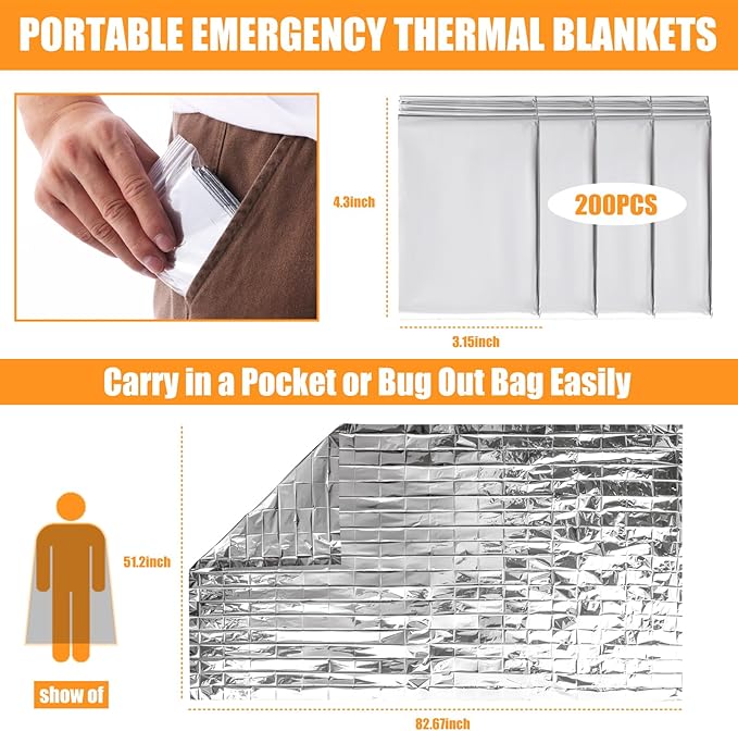 100PCS Emergency Blankets Foil Mylar Thermal Individually Wrapped, Waterproof Survival Blanket for Camping, Outdoors, First Aid Kit Travel