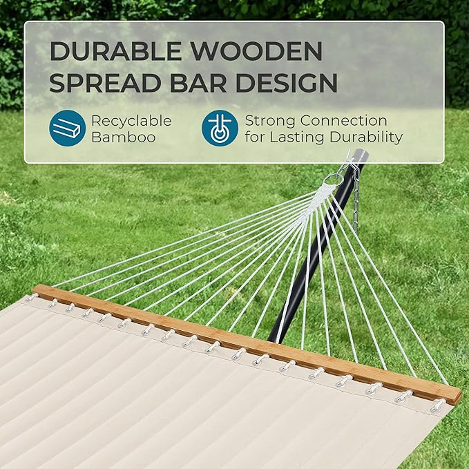 SUPERJARE Hammock with Stand, 2 Person Quilted Outdoor Hammock, Detachable Pillow & Bamboo Spreaders, Portable Hammock with Carrying Bag, Heavy Duty Stand, Perfect for Outside, Patio, Cream Beige