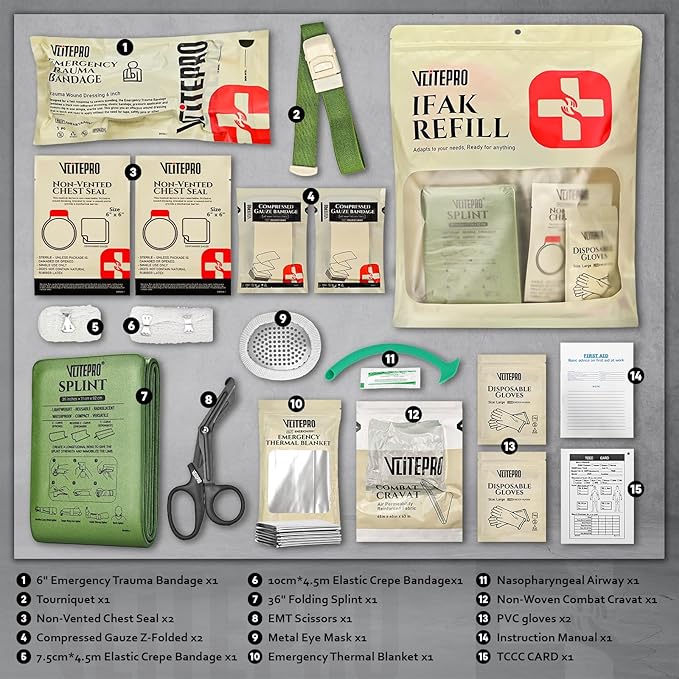 19PCS IFAK Trauma Kit, First Aid Kits Refill Supplies with Tourniquet, Emergency Trauma Bandage, Non-Vented Chest Seal, Emergency Medical & Survival Kit for Bleeding Control, Car & Camping