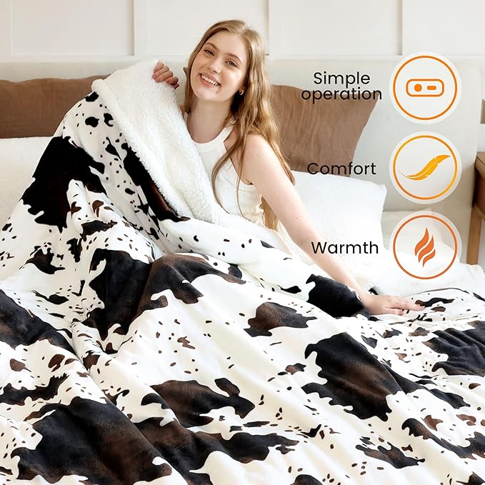 Heated Blanket Queen Blanket - Fast Heating Electric Blanket, Soft Flannel Heated Queen with 4 Time Settings,10 Heating Settings, Warm Gifts for Women & Mom & Grandma(84"x90"Cow Print White)