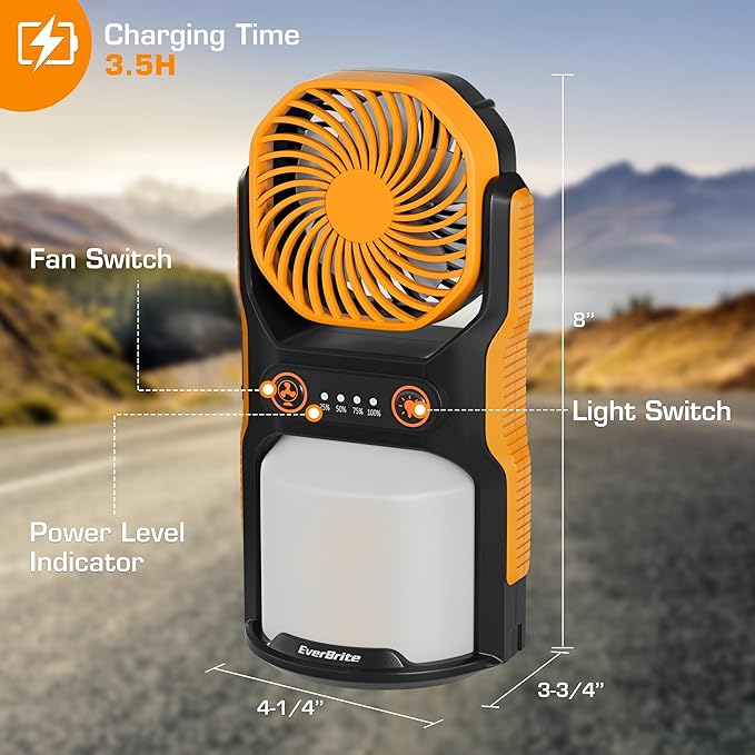 EverBrite Rechargeable Camping Lantern with Fan- 4400mAh Power Bank, Camping Fan with 3 Fan Speeds, Portable 1000LM Handheld Light with Hanging Hook for Summer Camping, Hiking, USB Cable Included