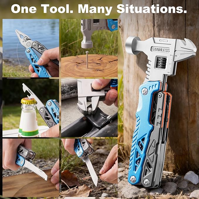 18-in-1 Multitool with Hammer & Adjustable Wrench, Heavy-Duty Stainless Steel Folding Multi Tool Pliers for Camping, Survival & Emergency, Practical Gifts for Men & Dad (Blue)