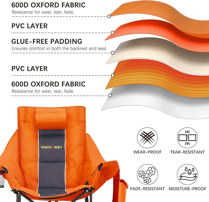 Unisakey Oversized Rocking Camping Chair with Headrest & Cup Holder - 400lbs Capacity, 600D Oxford Fabric, Easy Fold Portable Outdoor Rocker Chair for Camping, Backyard, Beach, Orange