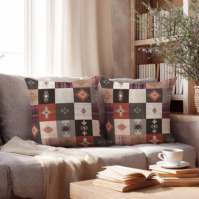 Southwestern Throw Pillow Covers 18x18 Set of 2 | Boho Tribal Patchwork Cushion Covers | Rustic Western Decorative Pillow Cases for Couch Sofa Living Room Bedroom | Bohemian Home Decor