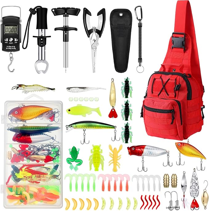 Sosation 134 Pcs Fishing Tool Fishing Tackle Box Kit and Equipment for Adults Beginner Gift, Hook Remover, Pliers Kit, Backpack Tackle Container Lures, Lip Gripper, Weigh Scale
