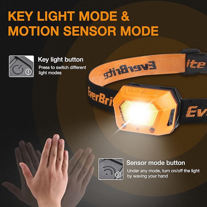 EverBrite 2-Pack Headlamp, Rechargeable LED Waterproof Headlight, USB Powered Head Lamp with Motion Sensor & Zoom, Ideal for Emergencies, Camping, and Outdoor Adventures