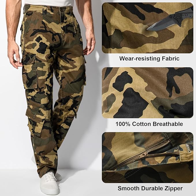 Men's BDU Casual Military Pants, Tactical Wild Army Combat ACU Rip Stop Camo Cargo Work Pants Trousers with 8 Pockets