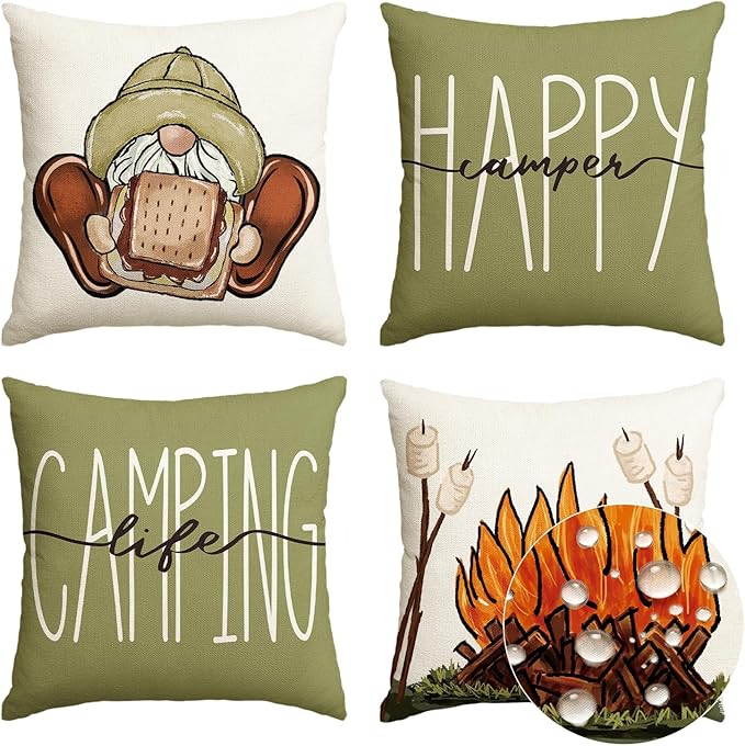 AVOIN colorlife Happy Camper Camping Life Outdoor Waterproof Throw Pillow Covers, 18 x 18 Inch Gnome S'More Campfire Decoration Holiday Cushion Cases for Home Patio Furniture Garden Set of 4