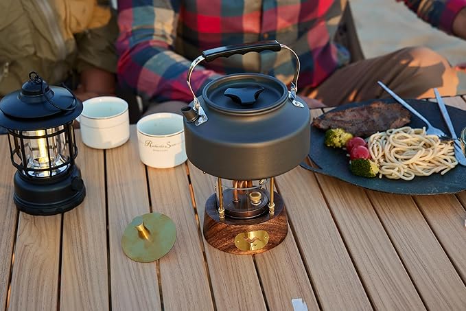 UJU Portable Alcohol Camping Stove Set with Wooden Base and Storage Bag, Wind-Resistant Outdoor Cooking Stove for Camping, Hiking and Travel