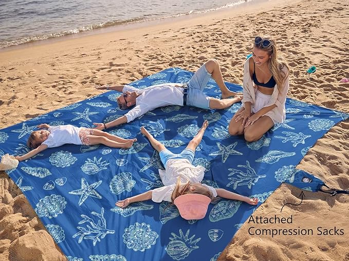 WEKAPO Beach Blanket Waterproof Sandproof Oversized, Extra Large Beach Mat Sand Free, Lightweight & Compact Sand Free Mat with 5 Stakes & 4 Corner Pockets