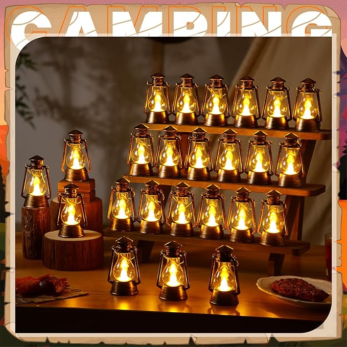 Ferraycle 24 Pcs Mini Lantern for Centerpiece Western Wedding Decor 4 Inch Camping Decorative with LED Candle Vintage Hanging Lantern Ornaments Bulk for Cowboy Cowgirl Xmas Party Decoration (Bronze)