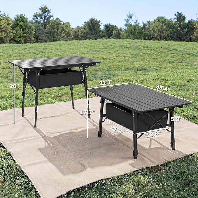 Outsunny 3ft Portable Camping Table with Storage Bag, Adjustable Height Aluminum Small Folding Table, Lightweight Picnic Table with Carry Bag for Outdoor Picnic BBQ Backyards Beach, Black