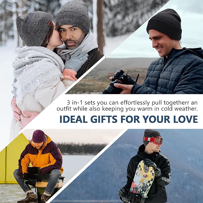 Winter Beanie Hat Scarf Touchscreen Gloves Set for Men and Women, Beanie Gloves Neck Warmer Set with Warm Knit Fleece Lined