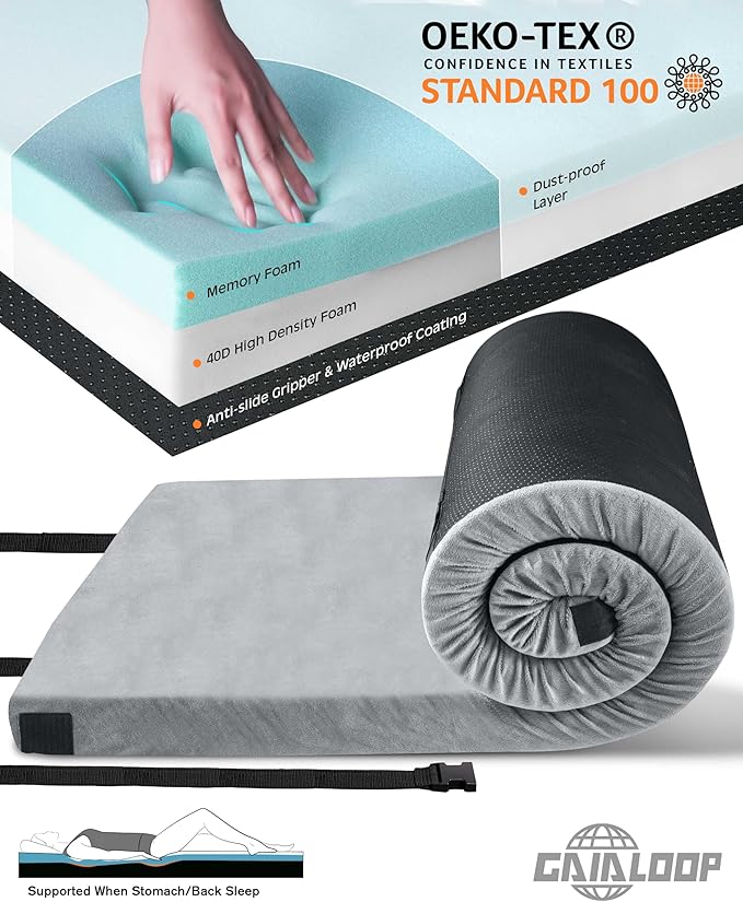 GAIALOOP 3 Inch Memory Foam Camping Mattress, Dual Layer Thick Sleeping Camp Pad for Car Tent Cot, Roll-Up Portable Glamping Floor Bed for Guests Sleepover