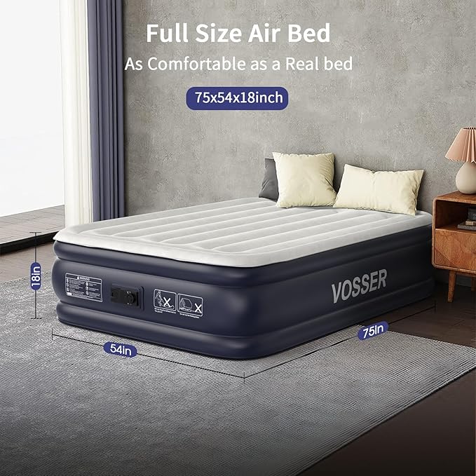 VOSSER Air Mattress Full with Built in Pump,18''Inflatable Mattress of Upgraded Vertical Beams,Self Inflatable/Deflation Blow Up Mattress in 3 Mins,Flocked Top Airbed with Carry Bag for Home, Camping