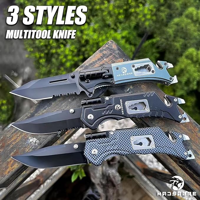 MADSABRE Multitool Pocket Knife with Clip and Case, 8-in-1 Folding Knives with Glass Breaker, Bottle Opener, Wrench, EDC Multitool Knife for Camping, Survival, Gifts for Men