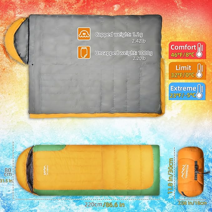 3-in-1 Down Sleeping Bag for Adults with Detachable Hood, 32°F 45°F Rectangular Lightweight Down Blanket Sleeping Bag for Camping Hiking and Backpacking Outdoor and Indoor 4 Season