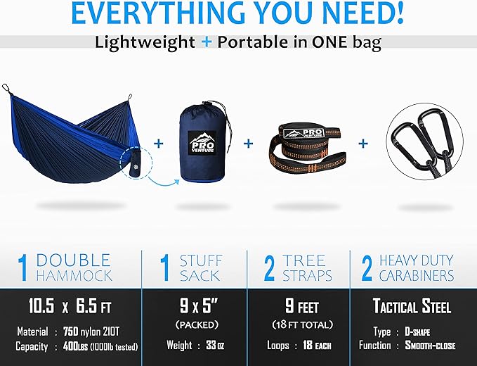 Pro Venture Double Camping Hammock - 10.5 x 6.5 FT (9ft Tree Straps, 2 Carabiners) - 2 Person, Portable, Lightweight Parachute Nylon 210T Hammocks - for Backpacking, Travel, Hiking, Patio (Double)…