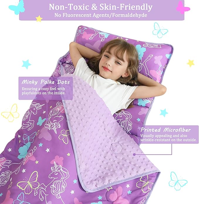 Toddler Nap Mat for Preschool 50''x30'' Sleeping Mat with Removable Pillow and Minky Blanket for Kids Ages 3-7 Roll Up Soft Sleeping Bag for Boys Girls Kindergarten Daycare Sleepover